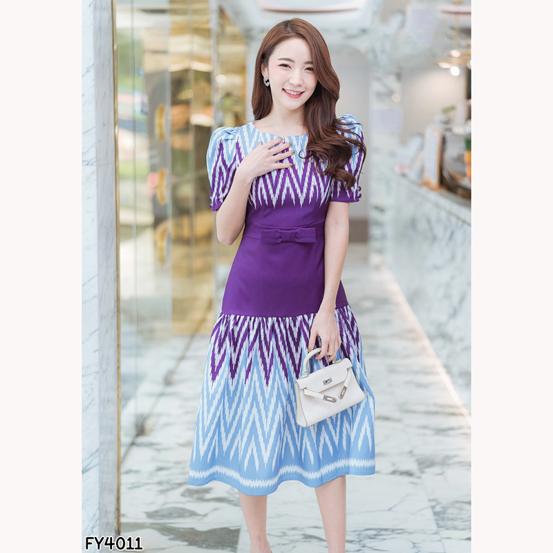 kudapy เดรสสั้นผ้าไทยคอกลมกว้างสีม่วง/สีชมพู สายรัดเอวลายไทยใส่สบายสวยดูดี