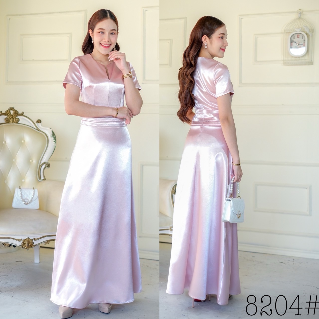 kudapy เดรสราตรียาว คอกลม ผ่าแคบ แขนสั้น ตีเกร็ด5ชั้นช่วงเอว กระโปรงทรงเอ ซิปหลัง ใส่ง่าย