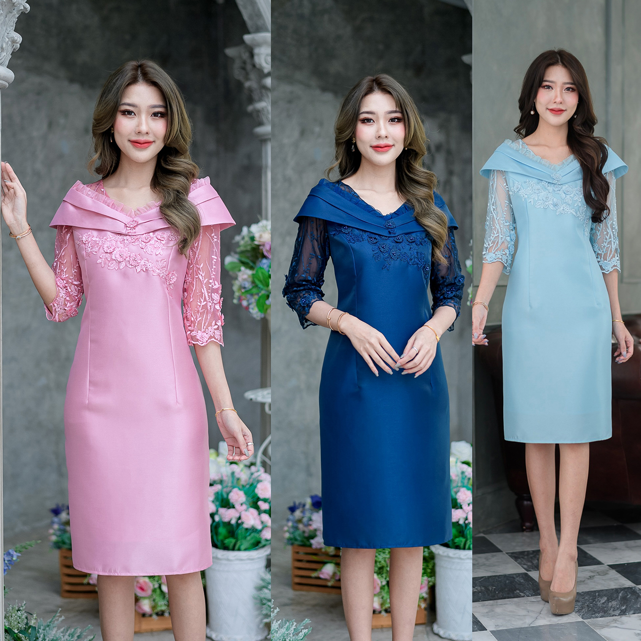 kudapy เดรสสั้นสีชมพู/สีกรม ผ้าไหมญี่ปุ่น ดีไซน์สวยหรูหราออกแบบโอบไหล่แต่งระบายด้วยผ้าแก้ว ช่วงแขนเป็นผ้าลูกไม้ปักดอกลอย