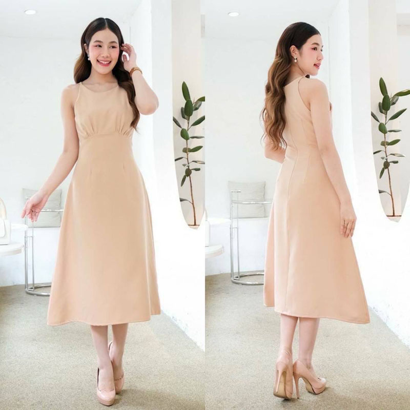 kudapy เดรสสั้นสีชมพู ครีม ฟ้า ชาไทย ผ้าบาร์บี้ เนื้อดี ยืดหยุ่น คัตติ้ง เอวสูงปรี๊ด จีบใต้อก กระโปรงบานตีเกร็ดเอว