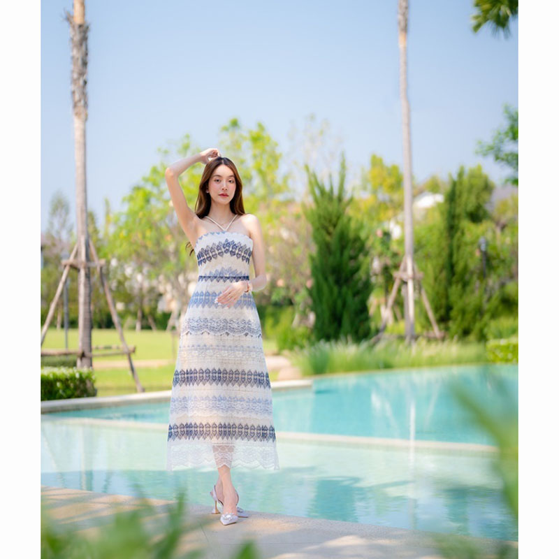 kudapy เดรสยาวสีฟ้า/สีชมพู ลูกหัวใจยาวผูกคอ ใส่เที่ยวทะเล เนื้อผ้าเบาสบายตัว