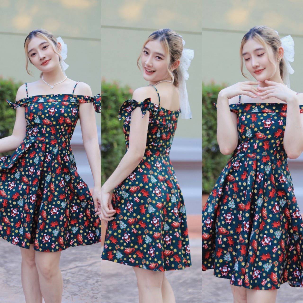 kudapy เดรสสั้นออกงานสายเดี่ยว แต่งโบว์ เดรสออกงานทรงระบาย ผ้าเบเป้ ยาว 35 นิ้ว