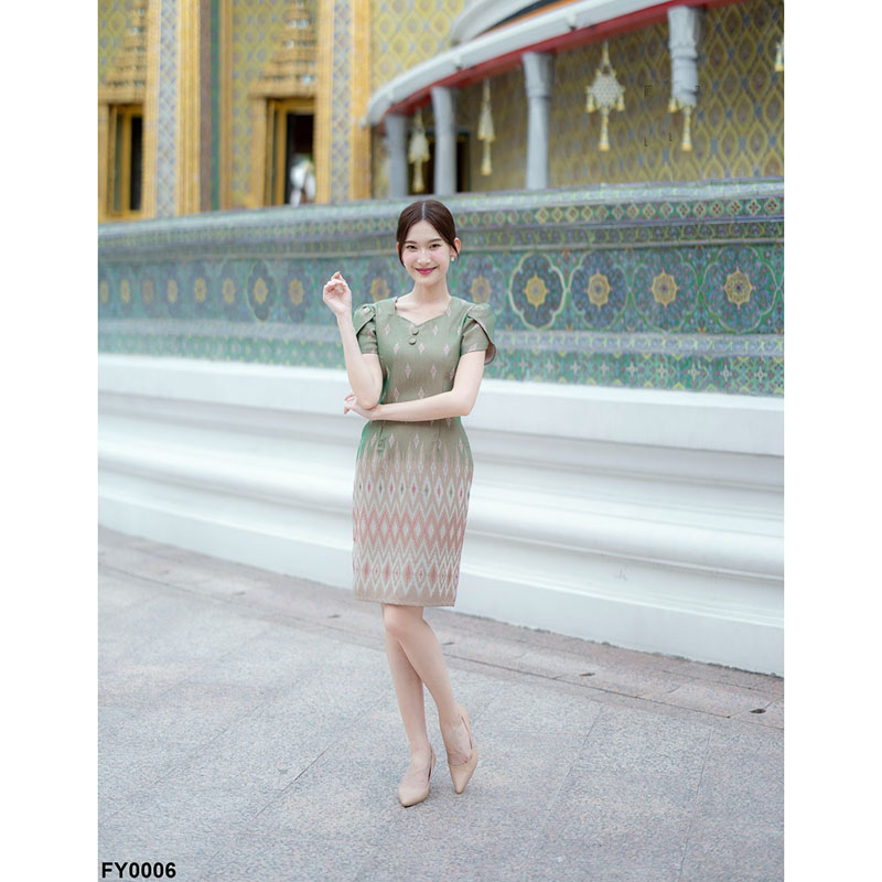 kudapy เดรสสั้นสีฟ้า/สีครีม/สีชมพู ผ้าทอแขนกลีบบัว ผ้าลายไทย ใส่ออกงานสวยดูดี