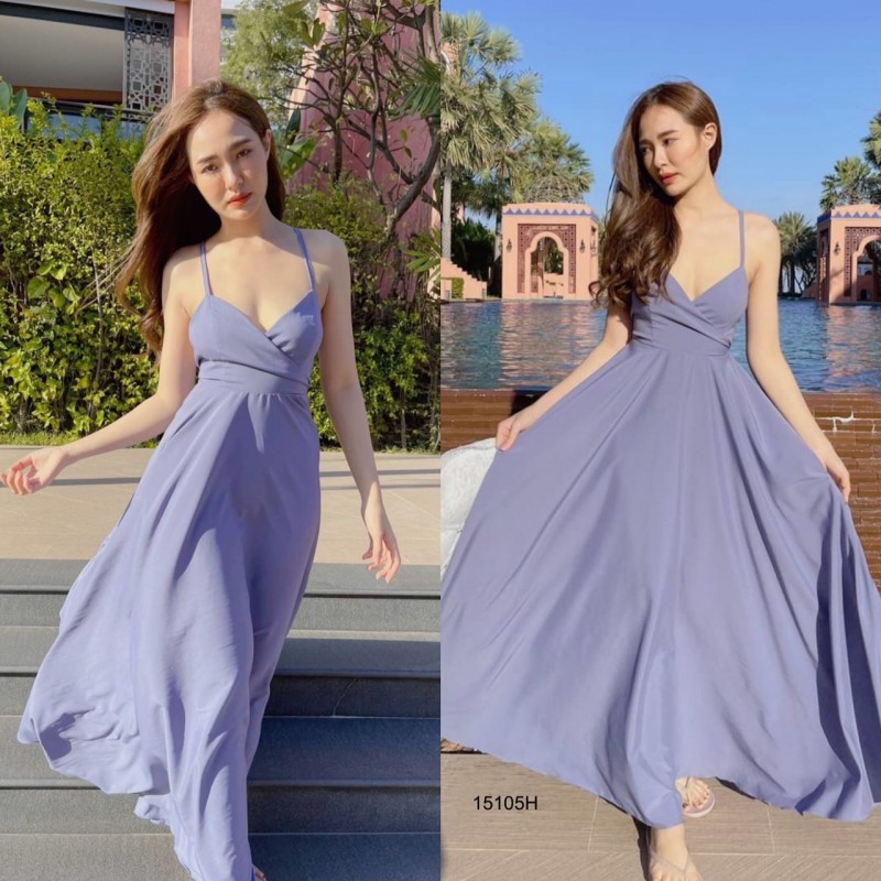 kudapy เดรสยาวสีฟ้า/สีขาว สายเดี่ยวผูกโบว์หลัง ผ้าไหมอิตาลี่ สีพื้น กระโปรงทรงบานฟรีไซต์สุดๆ