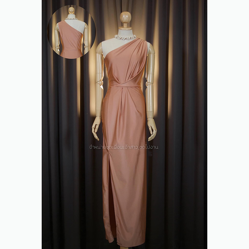 kudapy เดรสยาวออกงานสีโอรส/สีส้ม ติ้งสวยแพง กระโปรงผ่าข้าง ซิปข้าง ใส่ได้ทั้งงานเช้า งานเย็น