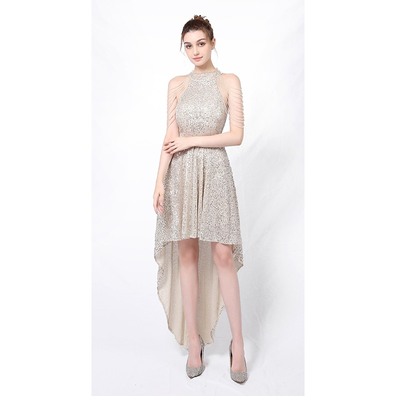 kudapy เดรสหน้าสั้นหลังยาวสีแดง/สีทอง/สีเทา ออกงานหน้าสั้นหลังยาว ดีไซน์โชว์ไหล่ประดับสร้อยแฮนด์เมด เนื้อผ้าปักเลื่อมสวยงามทั้งตัว