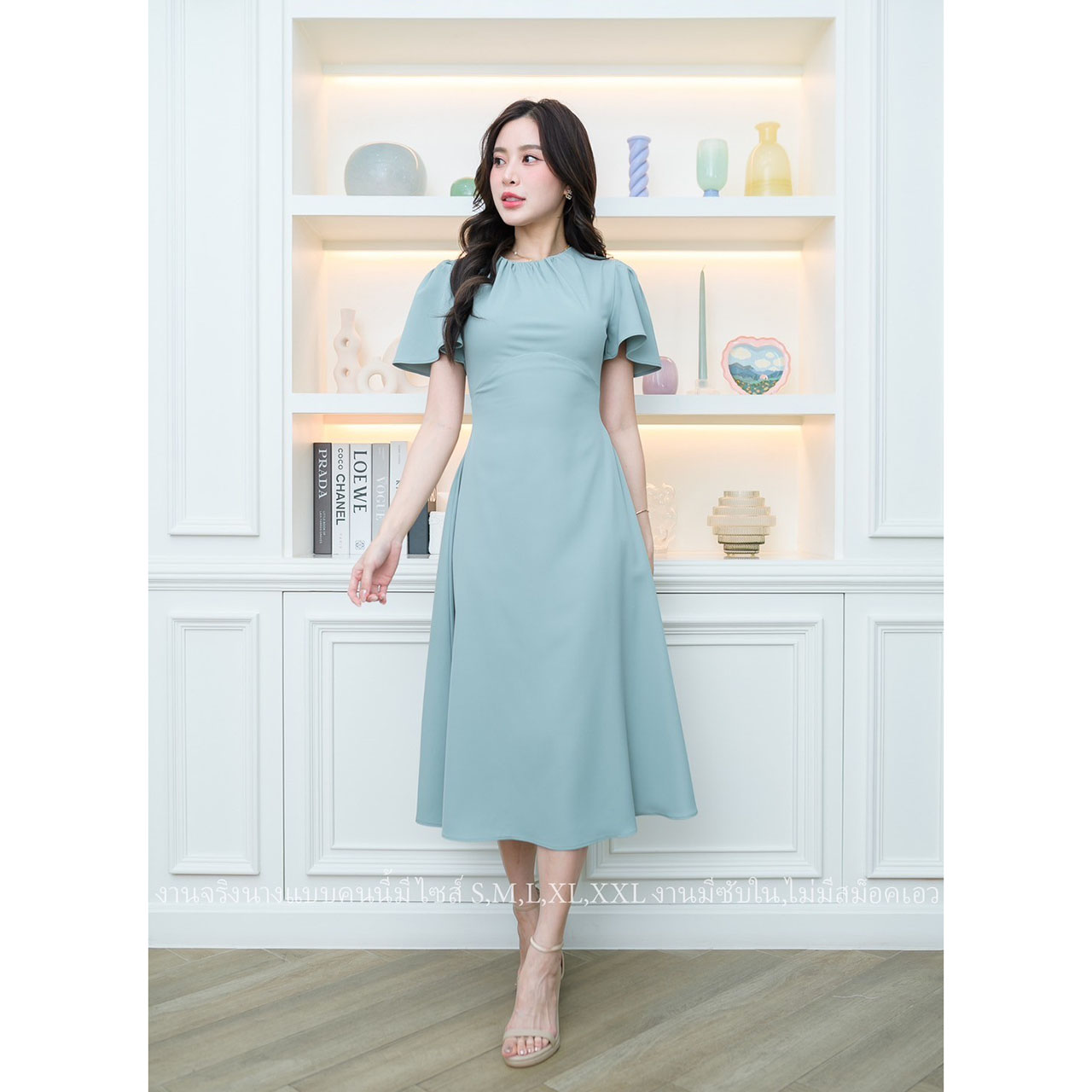 kudapy เดรสสั้นคอกลมสีชมพู/สีขาว/สีเขียวมิ้น แขนสั้นระบาย กระโปรงคลุมเข่า แนวเรียบหรู ชุดไปงานแต่ง