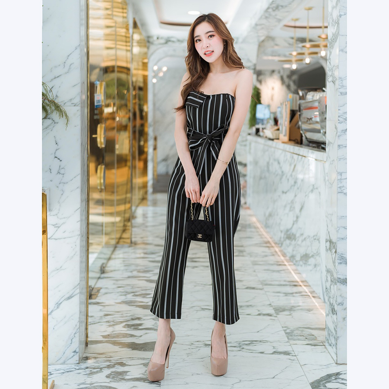 kudapy จั๊มสูทขายาวสีดำ,เขียว เกาะอกลายทางใส่สบายสวยดูดี