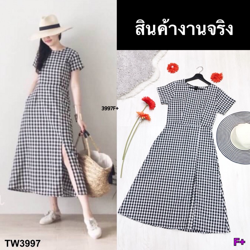 kudapy แม็กซี่เดรส ยาว งานผ้าทอลายสก็อตแขนสั้น ทรงหรู ดูน่ารักฝุุดๆ มีซิปหลัง