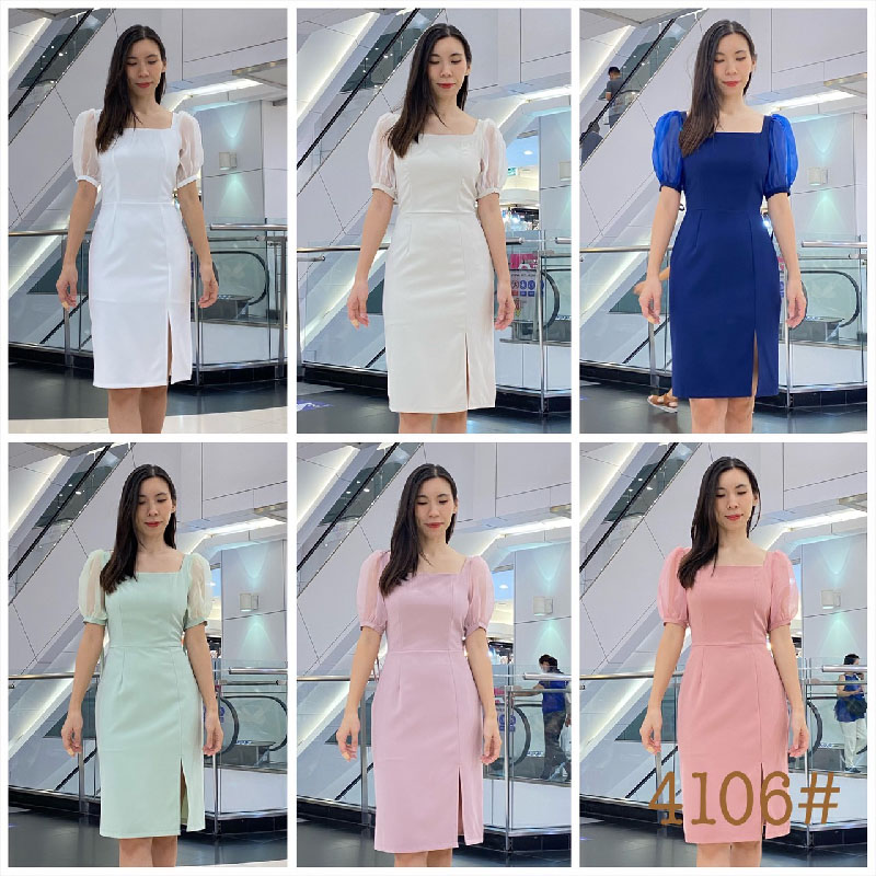 kudapy เดรสสั้นสีขาว ชมพูเข้ม ชมพูอ่อน กรมท่า เขียวอ่อน ครีม คอเหลี่ยม แขนตุ๊กตา ปรับขยายไซส์แขนได้ ทรงเข้ารูป กระโปรงผ่าหน้า