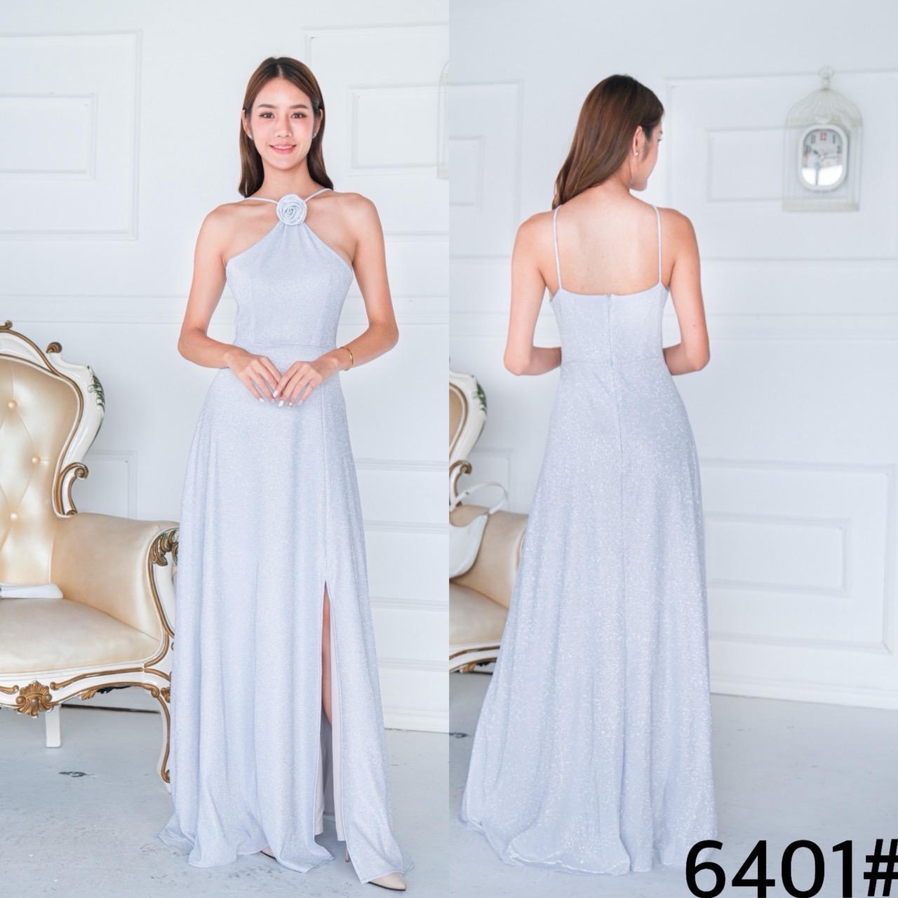 kudapy เดรสราตรีออกงานคล้องคอ ดีเทลเว้าบ่า แต่งเข็มกลัดดอกไม้ ทรงสวยเรียบหร กระโปรงบานพริ้วสวย