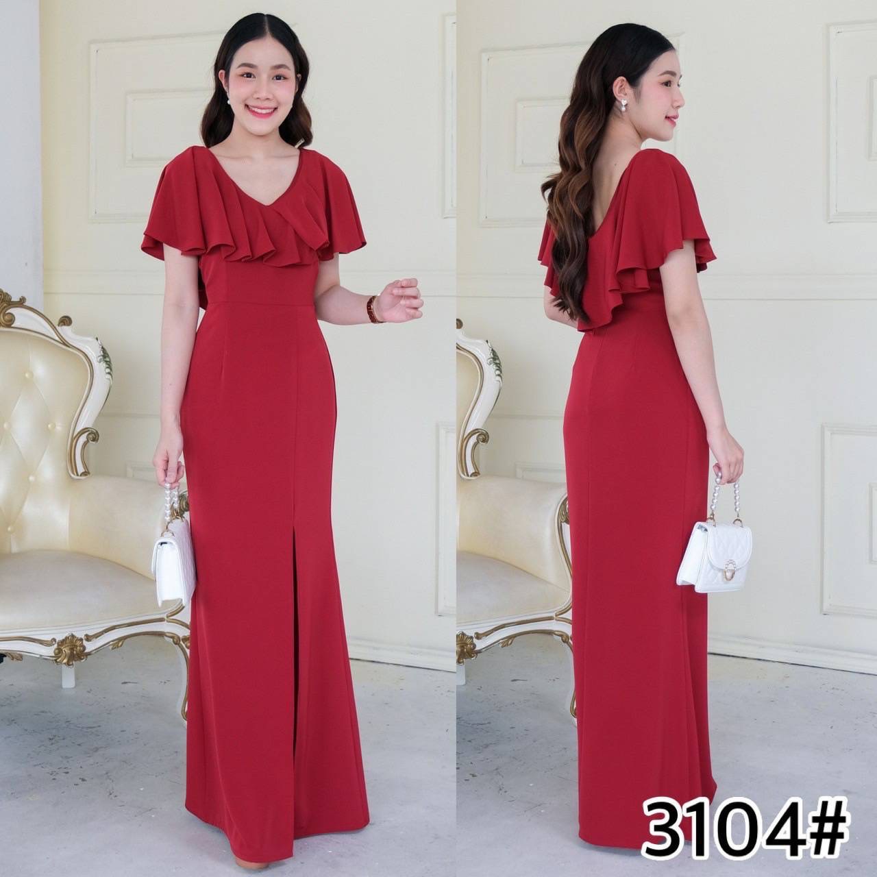 kudapy เดรสยาว คอวี คอระบายคลุมบ่า ทรงสุภาพ กระโปรงหางปลาผ่าหน้าขา ใส่ได้หลายโอกาส