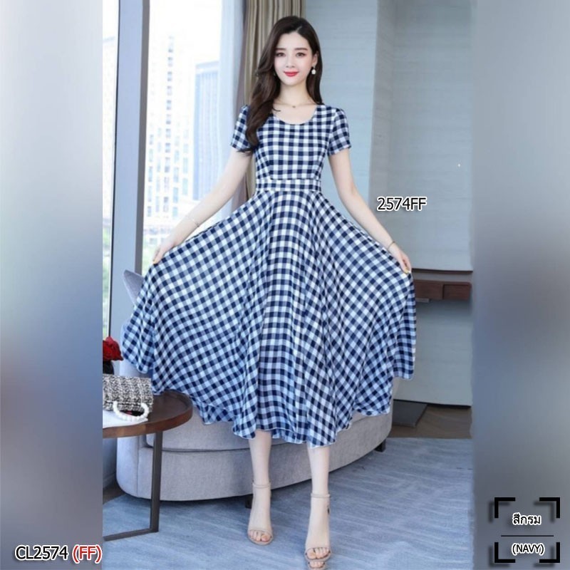 kudapy เดรสยาว/สีดำ/สีแดง/สีกรม ผ้าทอลายสก็อต แขนสั้น ชุดนี้ผ้าทอละเอียดเนื้อนิ่ม