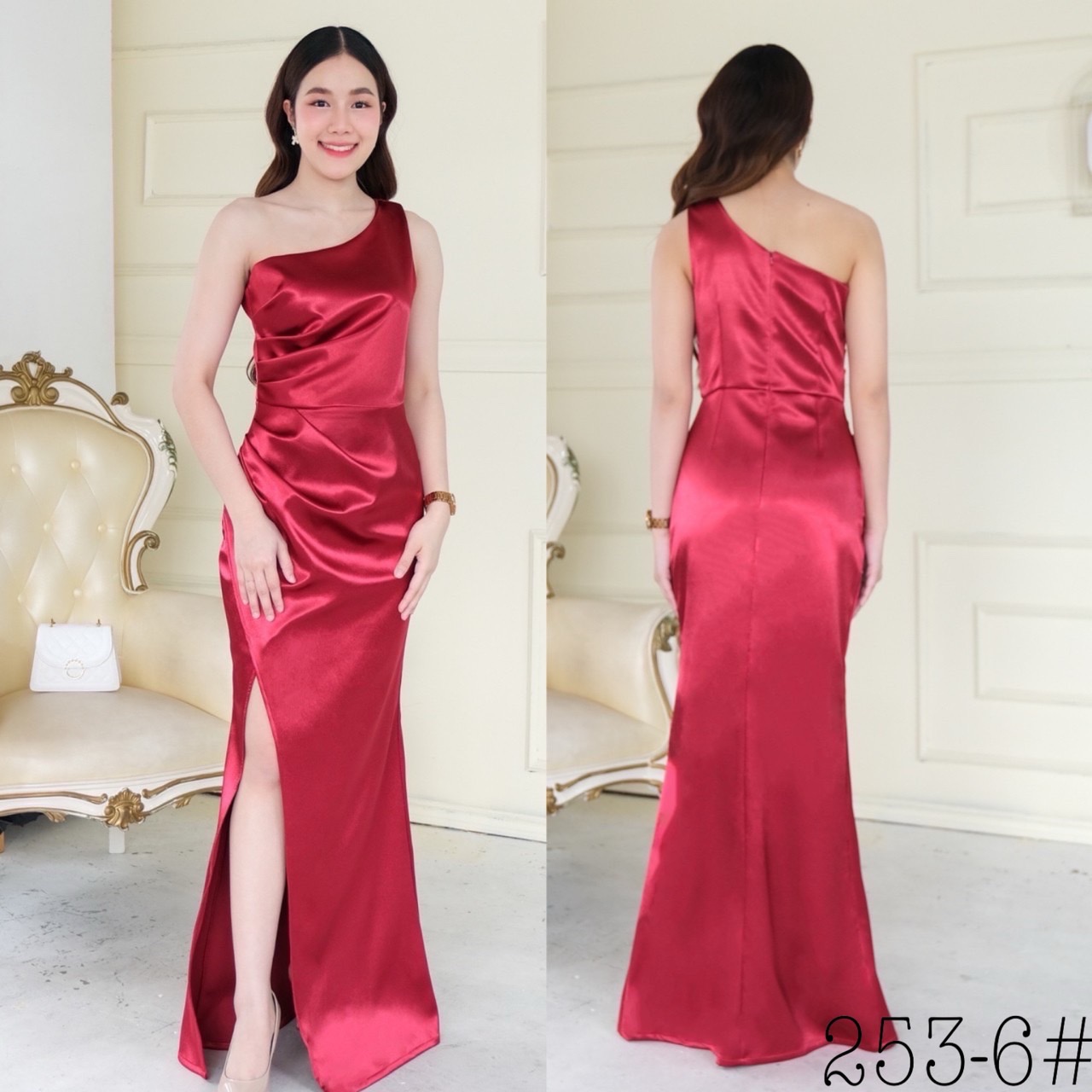 kudapy เดรสยาว บ่าเดี่ยวจับจีบช่วงเอว ผ่ากระโปรงสาบทบหน้า ผ่าข้างเดินโชว์ขา