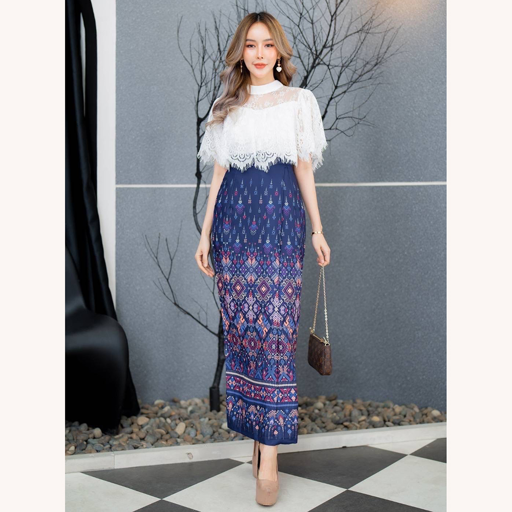 kudapy เซตเสื้อลูกไม้ขาว+ผ้าถุงลายไทยพิมพ์ลาย สีชมพู สีกรมท่า สีฟ้าน้ำทะเล สวยเรียบหรู ดูแพงมาก ดีไซส์น่ารักๆๆใส่ได้ทุกโอกาส