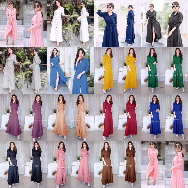 kudapy Maxi Dress แม็กซี่เดรสเชิ้ตแขนยาว สีพื้น งานเชิ้ตแต่งคอปกกระดุมช่วงหน้ายาวข้างเอวเย็บติดสายผูกเอว