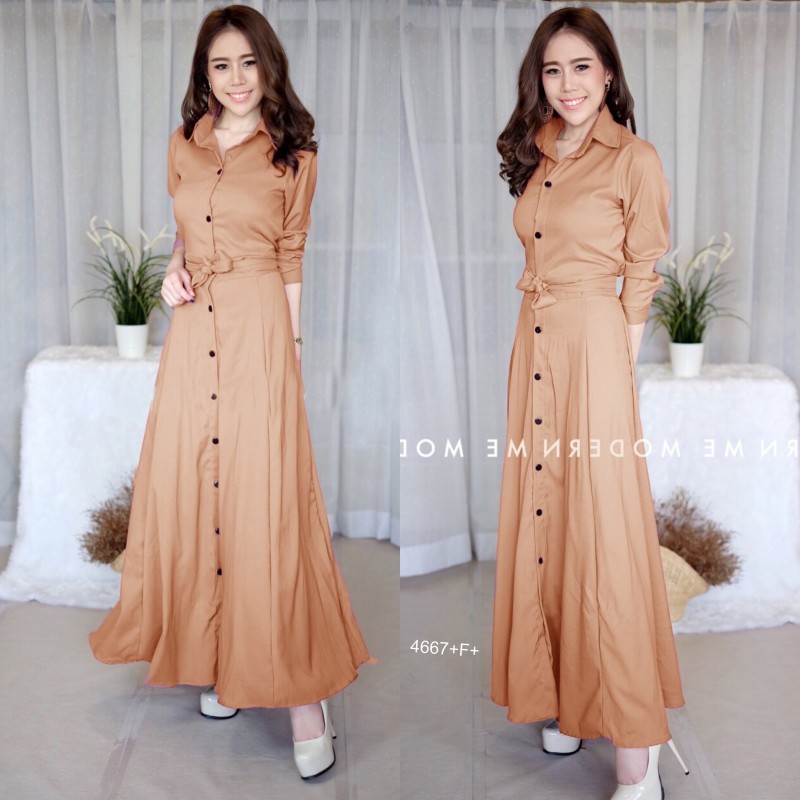 kudapy Maxi Dress แม็กซี่เดรสเชิ้ตแขนยาว สีพื้น งานเชิ้ตแต่งคอปกกระดุมช่วงหน้ายาวข้างเอวเย็บติดสายผูกเอว