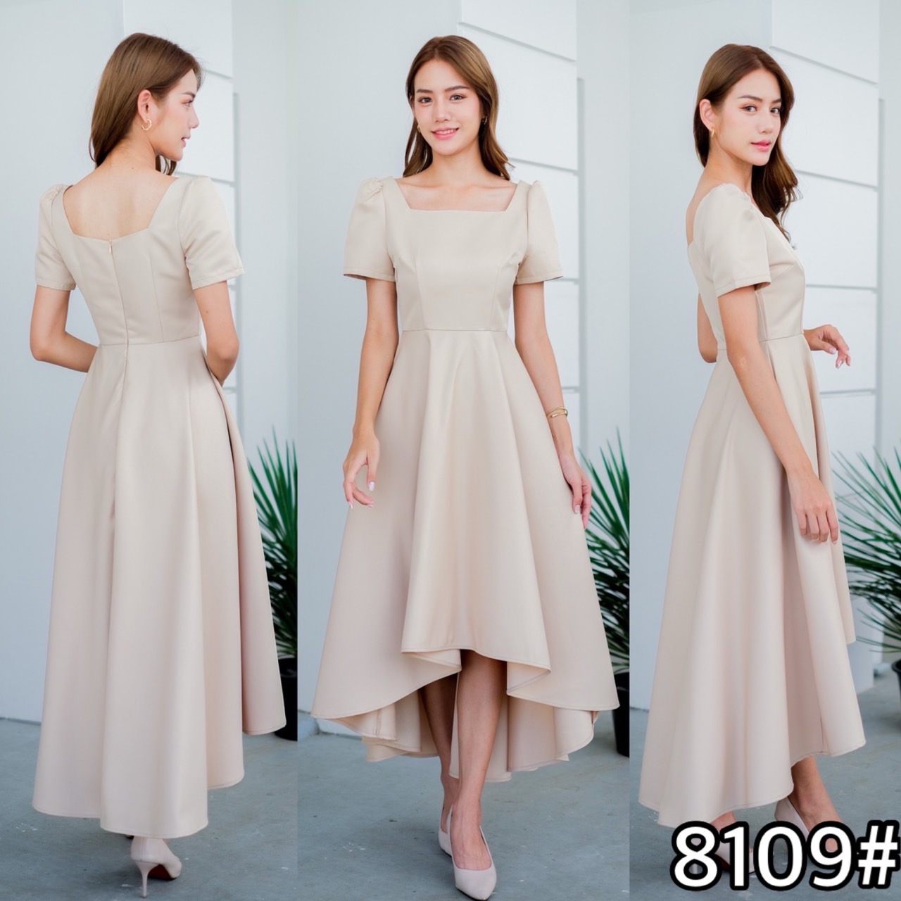 kudapy เดรสสั้นสีฟ้า/สีแดง แขนสั้น คอเหลี่ยม เกาหลีมากแม๊ คัตติ้งเริศแบบอลัง กระโปรงทรงหน้าสั้นหลังยาว