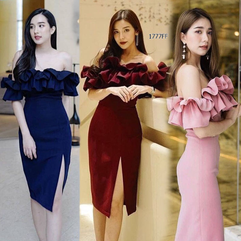 kudapy เดรสปาดไหล่ ระบายรอบน่ารัก แอบเซ็กซี่ งานมีซิปซ่อนหลัง ตีเกล็ดหน้าหลัง เอวไม่สม็อค ทรงเข้ารูป