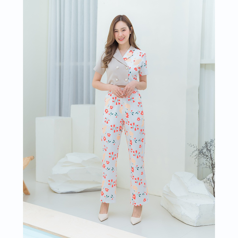 kudapy ชุดเซทเสื้อคอปกกระดูมหน้า+กางเกงขายาวลายดอกไม้สวยดูดีน่ารัก