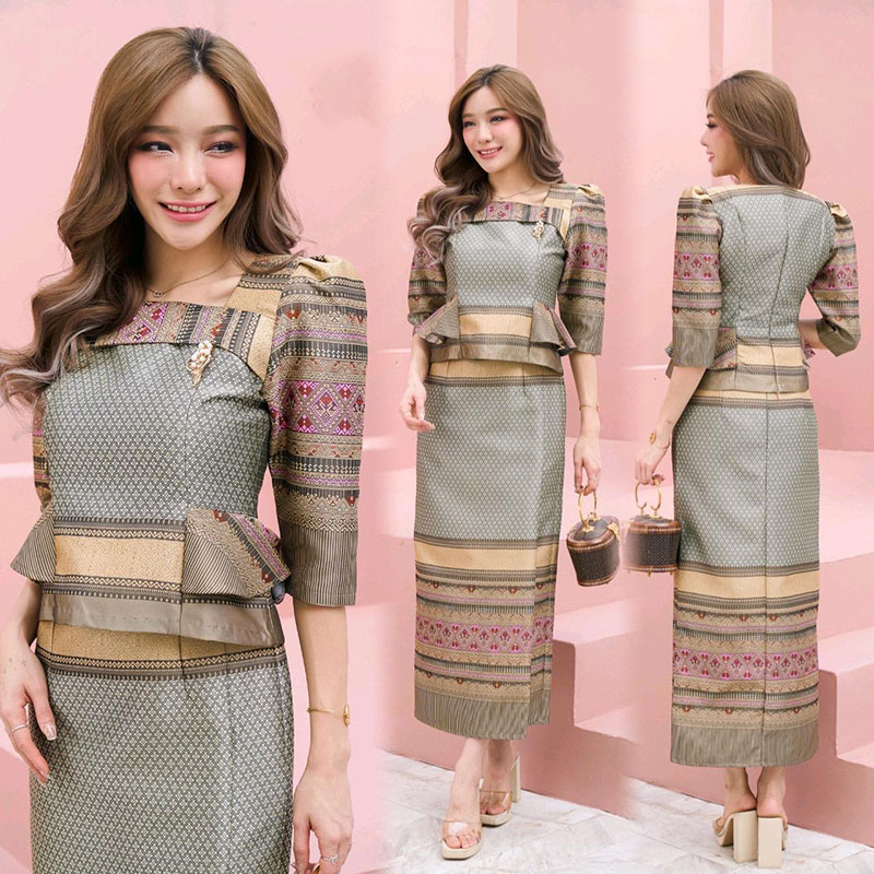 kudapy ชุดเซทไทยประยุกต์สีเขียว งดงามอย่างไทยแบบฉบับ แต่งจีบเอวสวยดูดี