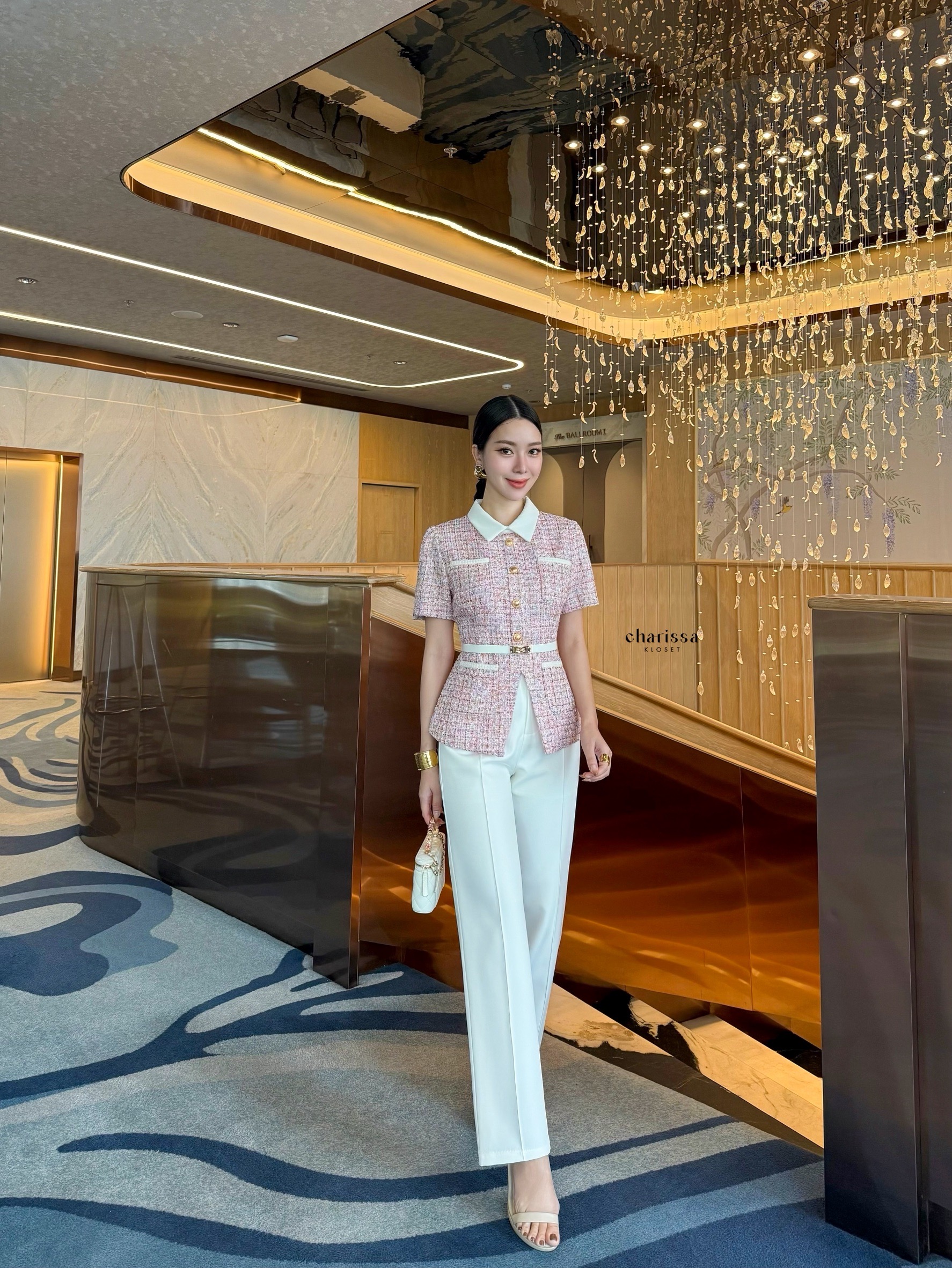 kudapy ชุดเซ็ท 3 ชิ้น เสื้อทวิตแขนสั้น + กางเกง มาพร้อมเข็มขัด เสื้อทวีตแขนสั้น คอปก