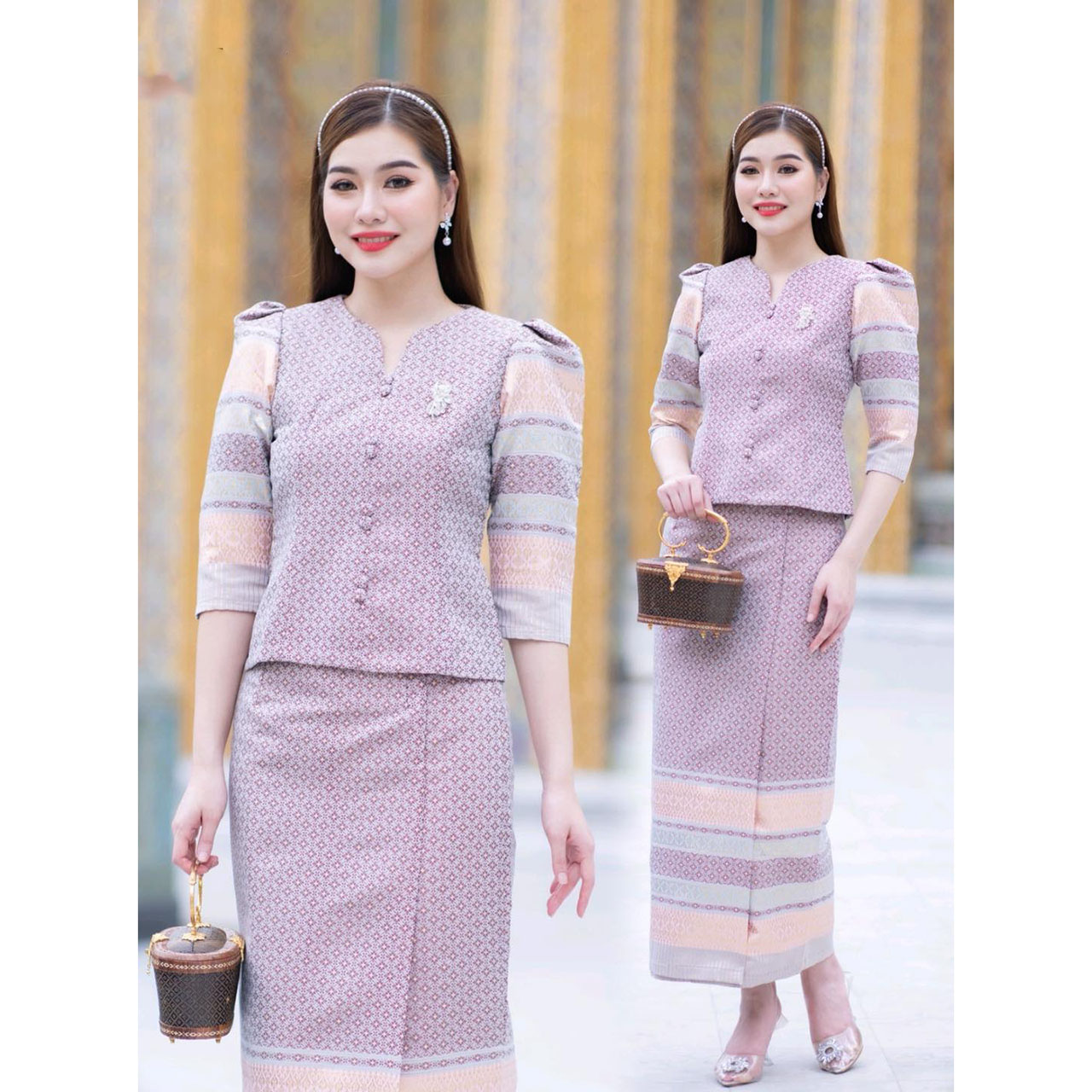 kudapy เซ็ทกวินตรา ผ้าไหมกวินตาทอลายสอดดิ้นทองอัดกาวทั้งชุด สีโอรสหวานให้ลุคผู้ดี ดูสง่า