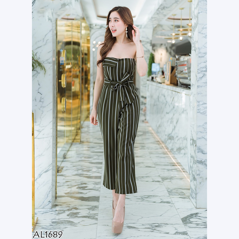 kudapy จั๊มสูทขายาวสีดำ,เขียว เกาะอกลายทางใส่สบายสวยดูดี