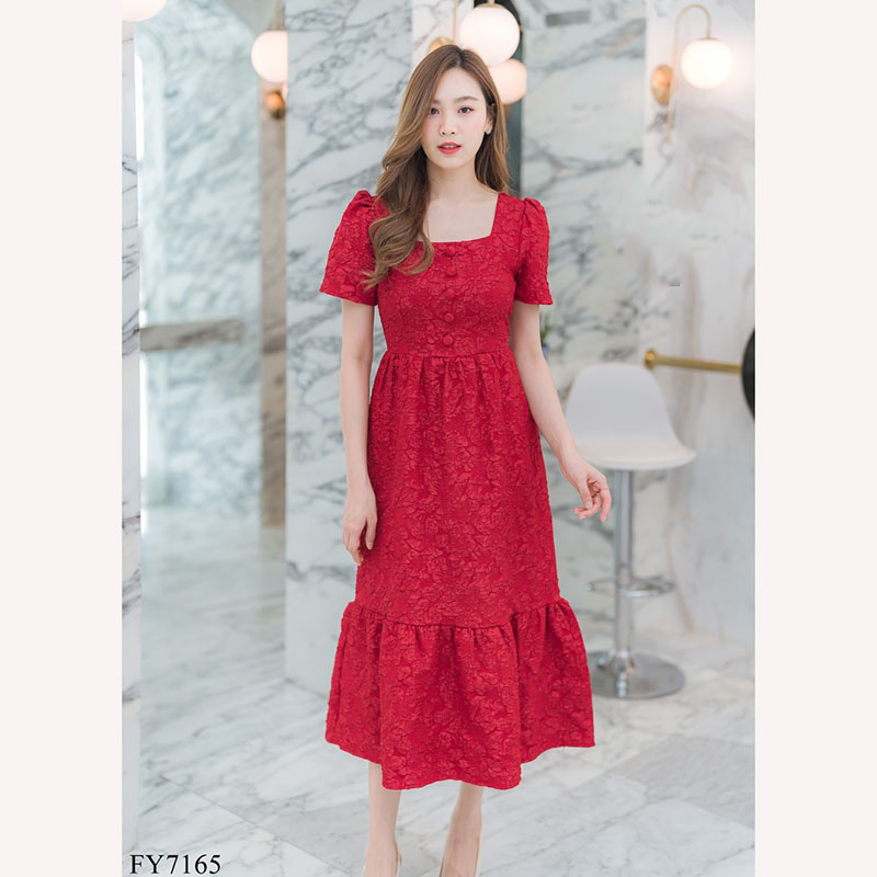 kudapyเดรสยาวสีแดง/สีชมพู/สีขาว แขนกระบอกสั้น ใส่สบายสวยดูดี