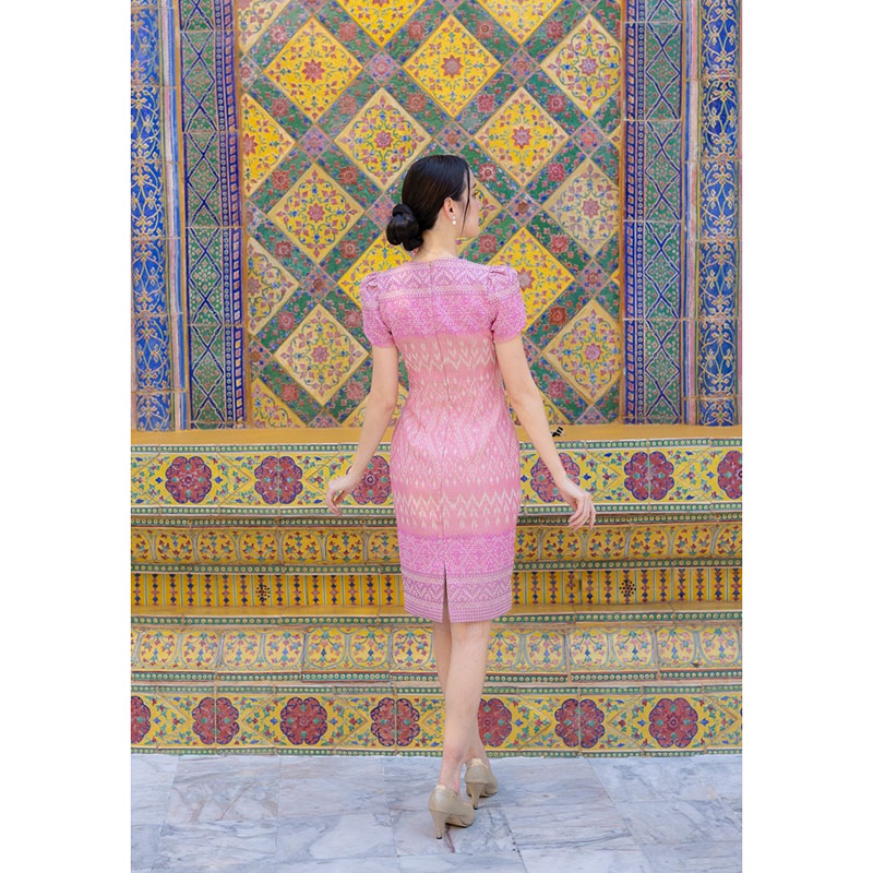 kudapy เดรสสั้นสีโอรส/สีชมพู/สีม่วง/สีฟ้า ผ้าทอแขนบัว เดรสผ้าไทยสวยดูดี ใส่ออกงาน