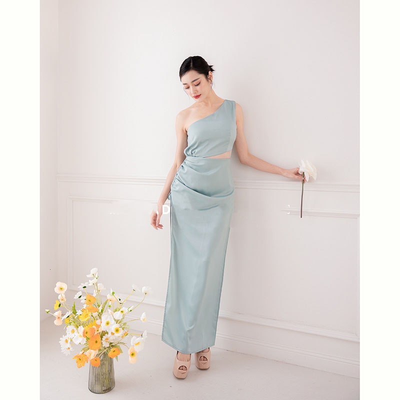 kudapy เดรสยาวน้ำตาลอิฐ / ชมพู / เขียว ดีเทลซีทรูคอดเข้าช่วงเอวบน ด้านข้างแหวกเป็นแบบรูดปรับระดับได้ตามชอบ