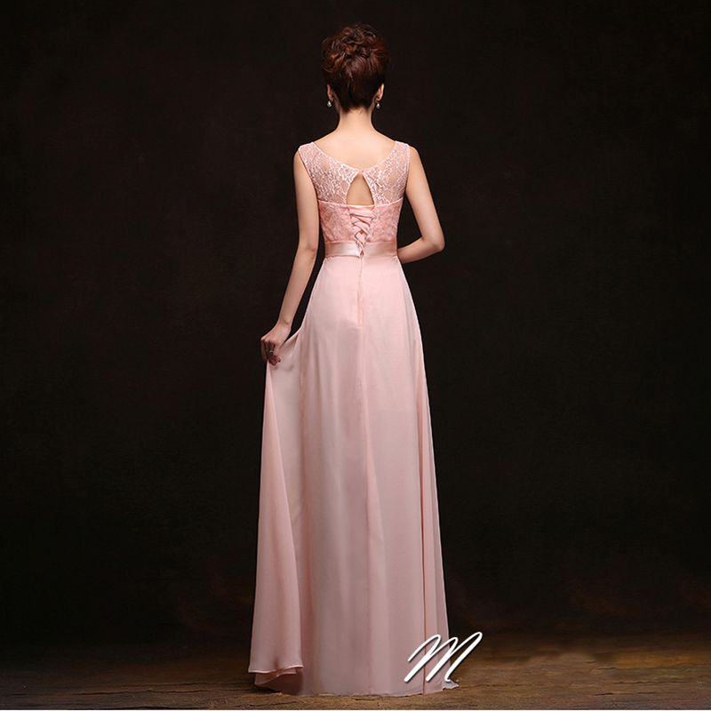 kudapy เดรสยาวสีชมพู ชุดราตรีแบบแขนกุด ผ้าชีฟอง แต่งผ้าลูกไม้ & โบว์ช่วงเอว สวยหวาน (เชือกผูกหลัง)