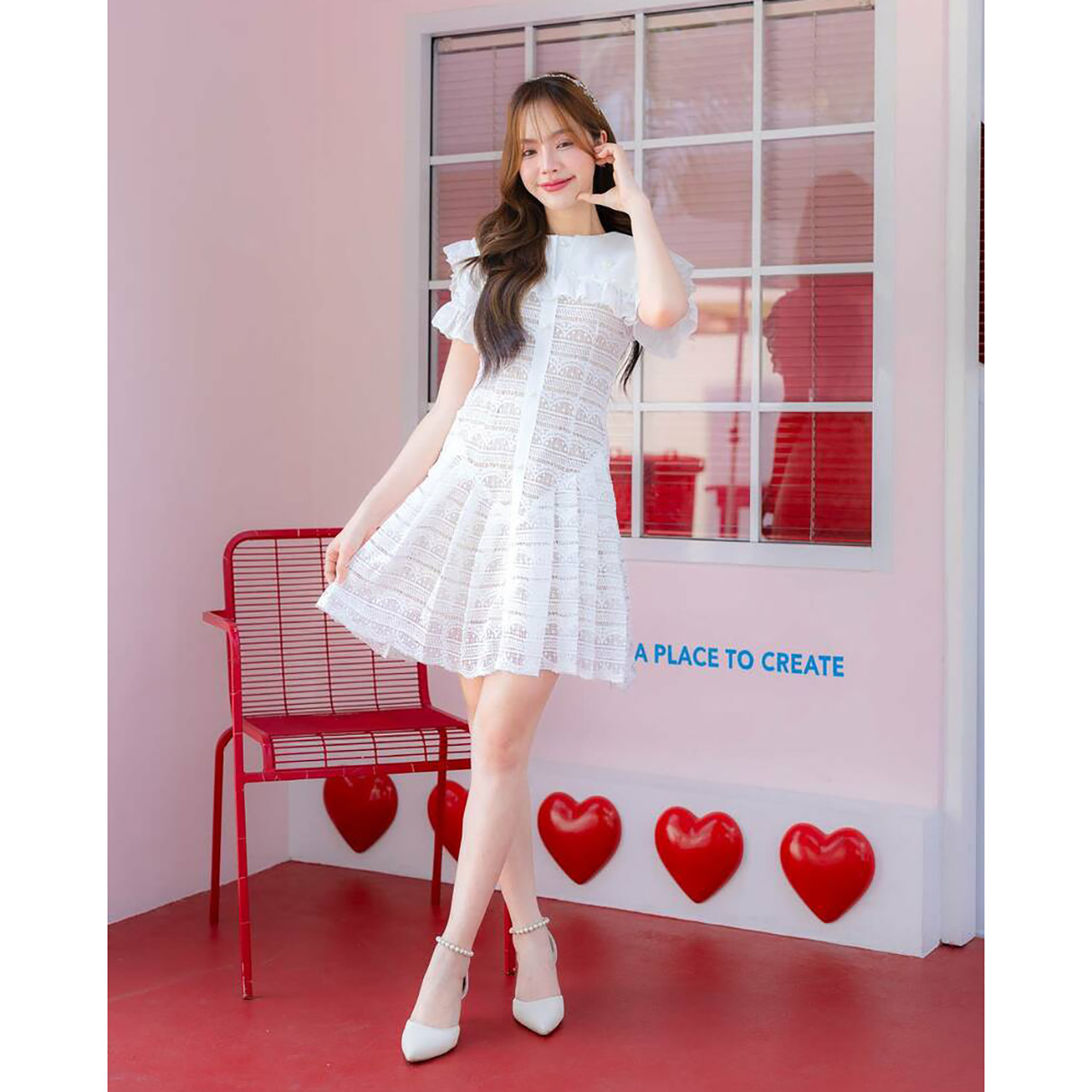 kudapy เดรสสั้นลูกไม้คอปกกะลาสี