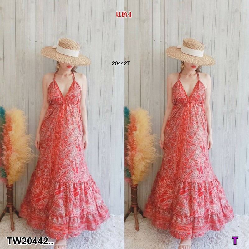 kudapy เดรสายเดี่ยวคู่ มีสายรูดผูกเอวปรับเข้ารูป เนื้อผ้าไหมอินเดียพิมพ์ทอง งานชิว ใส่สบาย ลุคเหมาะกับหน้าร้อนซัมเมอร์