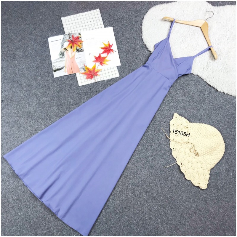 kudapy เดรสยาวสีฟ้า/สีขาว สายเดี่ยวผูกโบว์หลัง ผ้าไหมอิตาลี่ สีพื้น กระโปรงทรงบานฟรีไซต์สุดๆ