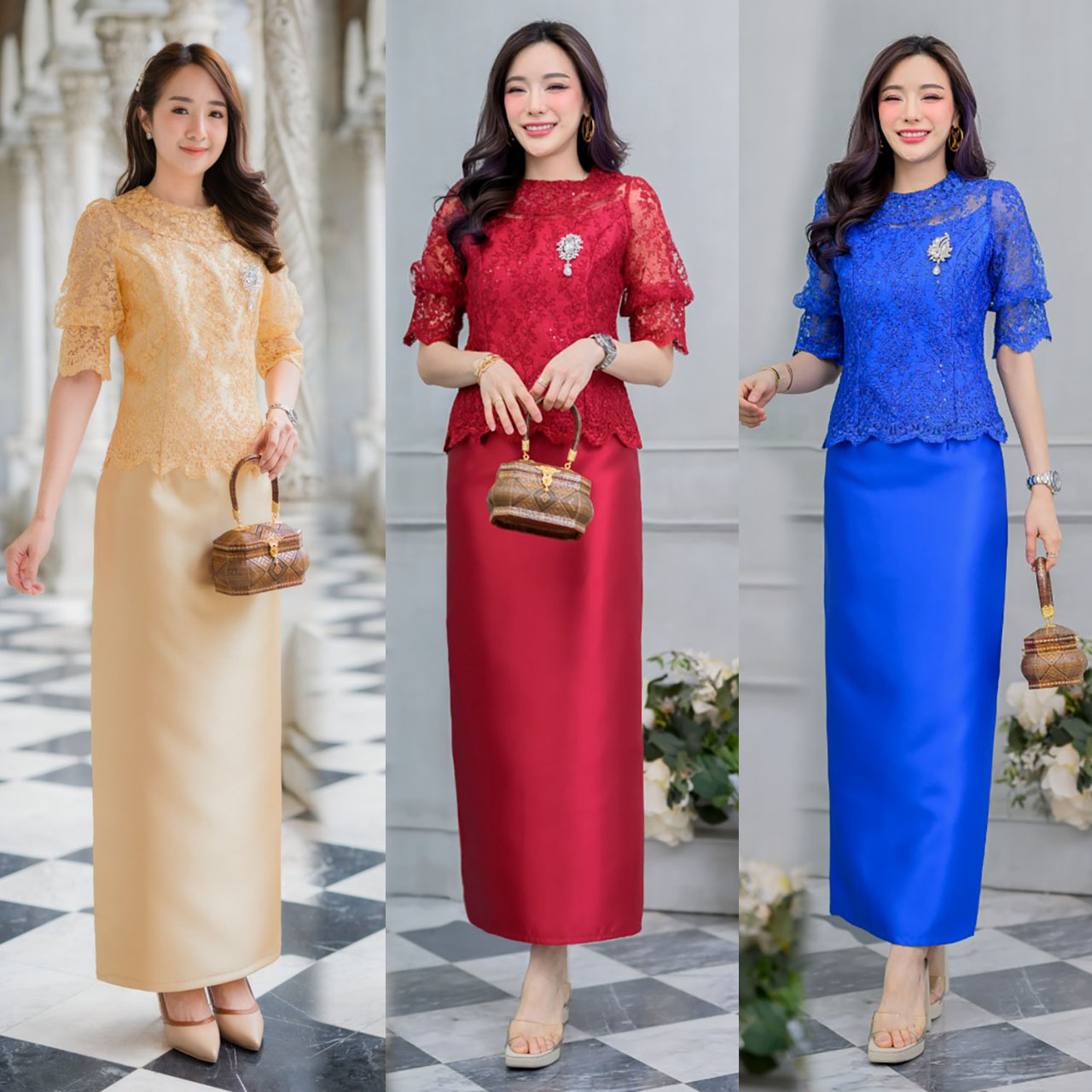 kudapy Set งาน2ชิ้น เสื้อ+กระโปรง เสื้อลูกไม้ทอปักเลื่อม ลูกไม้ใยบวบย้อมสีแบบพิเศษ คอกลม แขนเป็นบอลลูน