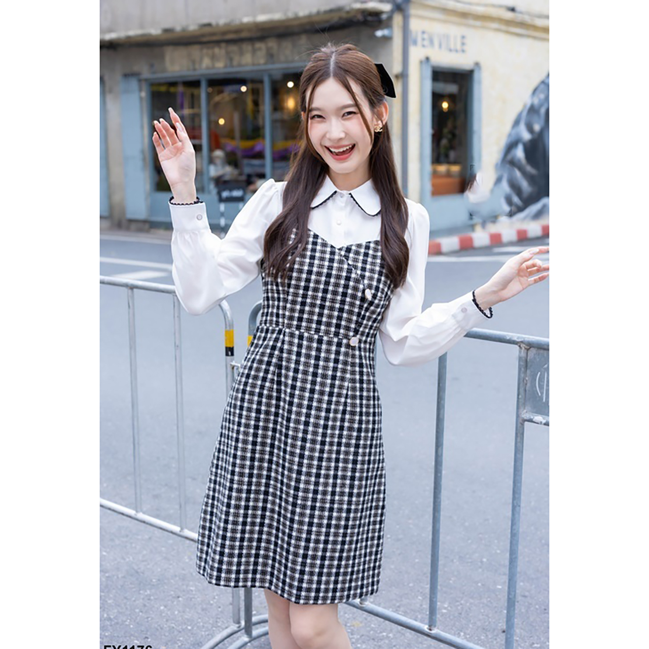 kudapy เดรสสั้นสีครีม/สีชมพู/สีดำ คอปกแขนยาวขาวผ้าทวิต