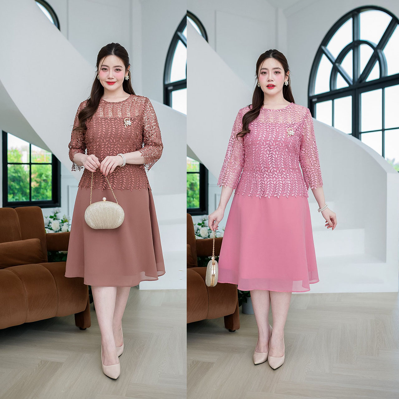 kudapy เดรสสั้นสีน้ำตาล/สีชมพู ลูกไม้เนื้อเงาถักทอลายเถาวัลย์ เดรสแขนห้าส่วน กระโปรงผ้าชีฟองพริ้วสวย มีซับในทั้งชุด