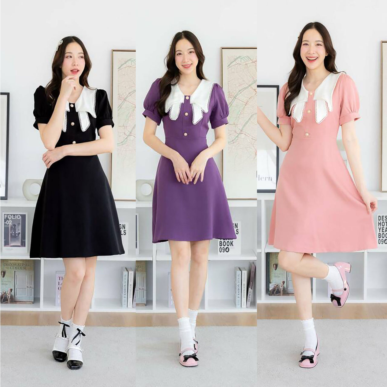 kudapy เดรสสั้นสัชมพู/สีม่วง/สีดำ ผ้าพิ้นแขนตุ๊กตาแต่งโบว์อก