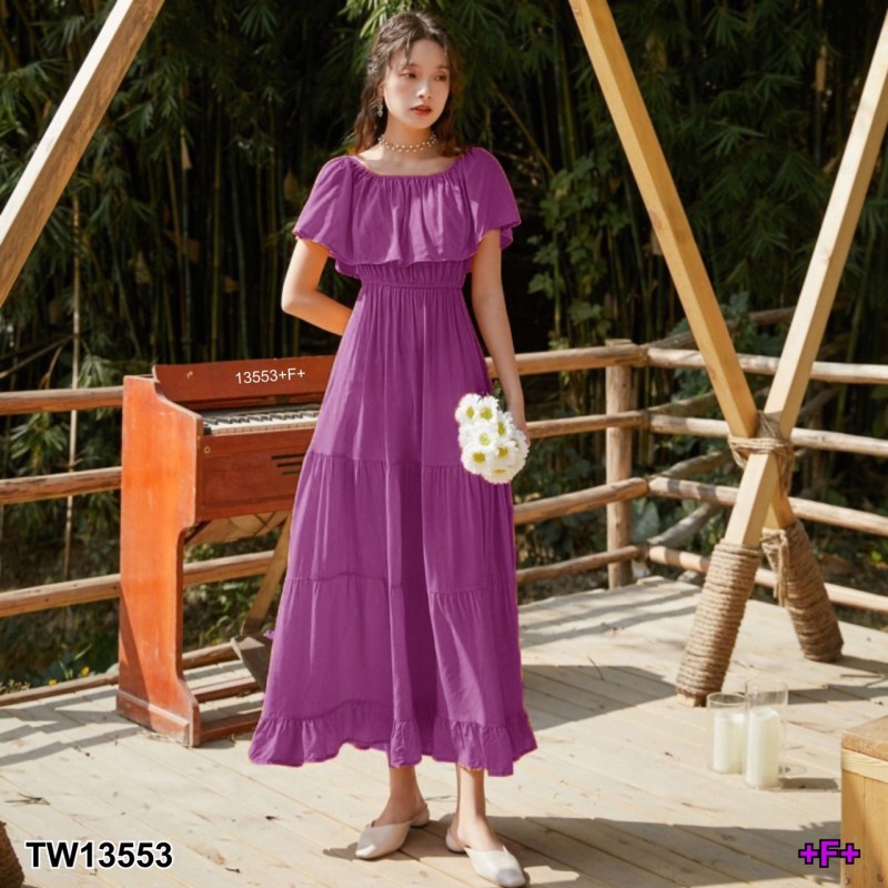 kudapy Maxi Dress เดรสยาว เปิดไหล่ แขนระบาย ยางยืดเอวรอบ เนื้อผ้าอิตาลี่