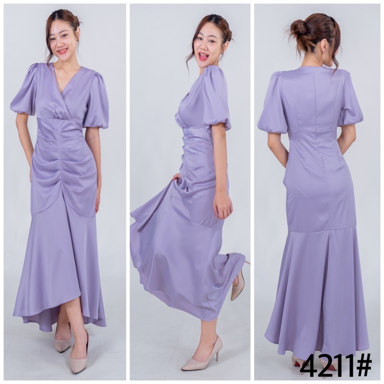 kudapy เดรสยาวทรงคอวี แขนพอง เอวสูง เข้ารูป จับเดรปย่นพรางหน้าท้อง ปลายหางปลาระบาย เนื้อผ้า เกรซซาติน