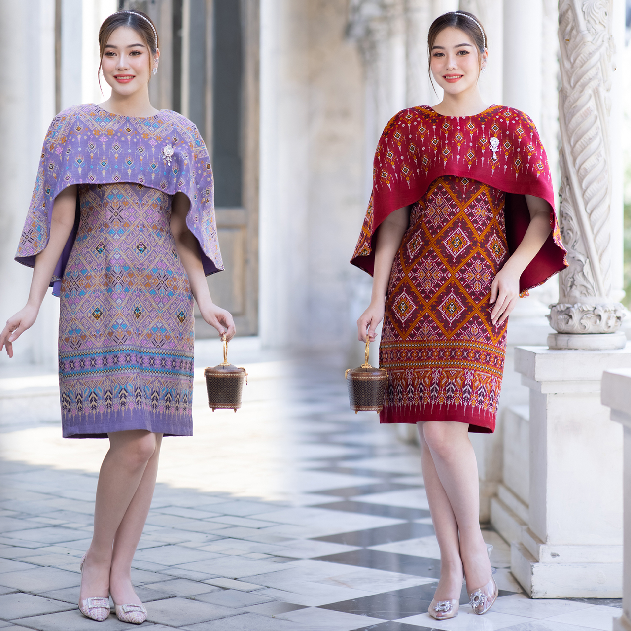 kudapy เดรสสั้นสีแดง/สีม่วง/สีม่วงอมเทา ชุดเมขลา" งานผ้าไหมทอสุดหรูลายแพรวา ทรงปีกผีเสื้อ สวยงาม ดูสง่า