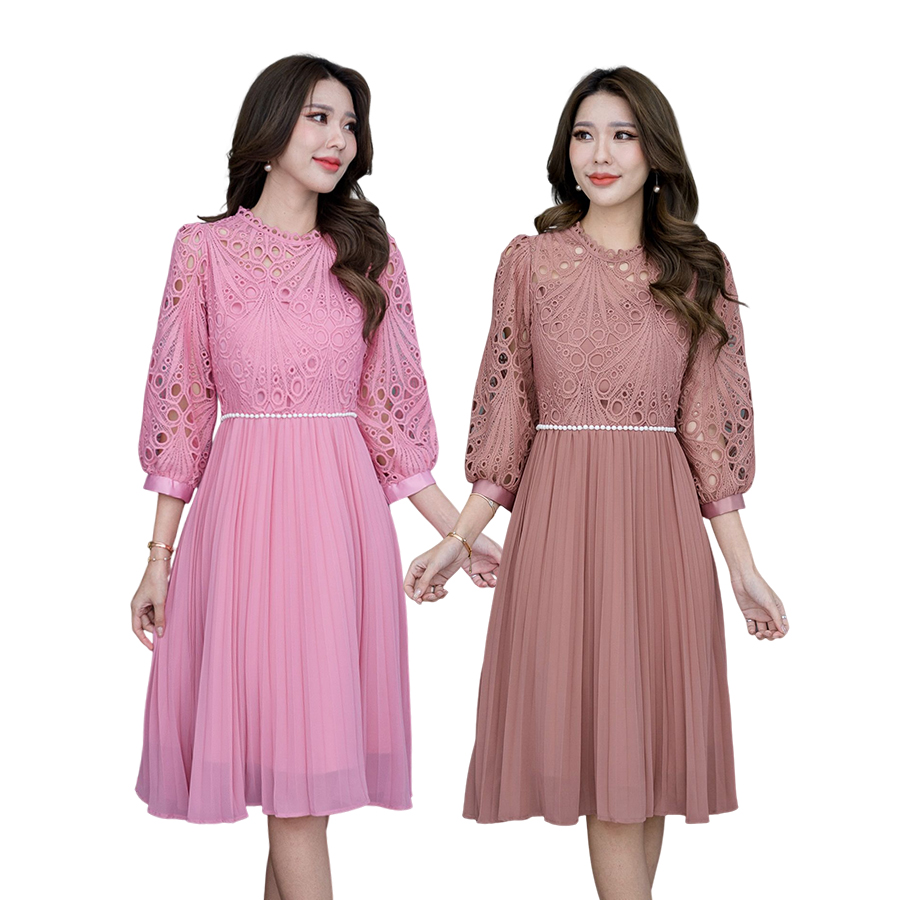 kudapy เดรสสั้นคอปีน แขนพองสีชมพู สีน้ำตาลกะปิ เดรสระบาย แต่งลูกปัดเพิ่มดีเทลที่เอว แขนสามส่วน งานมีซับใน ซิบหลัง