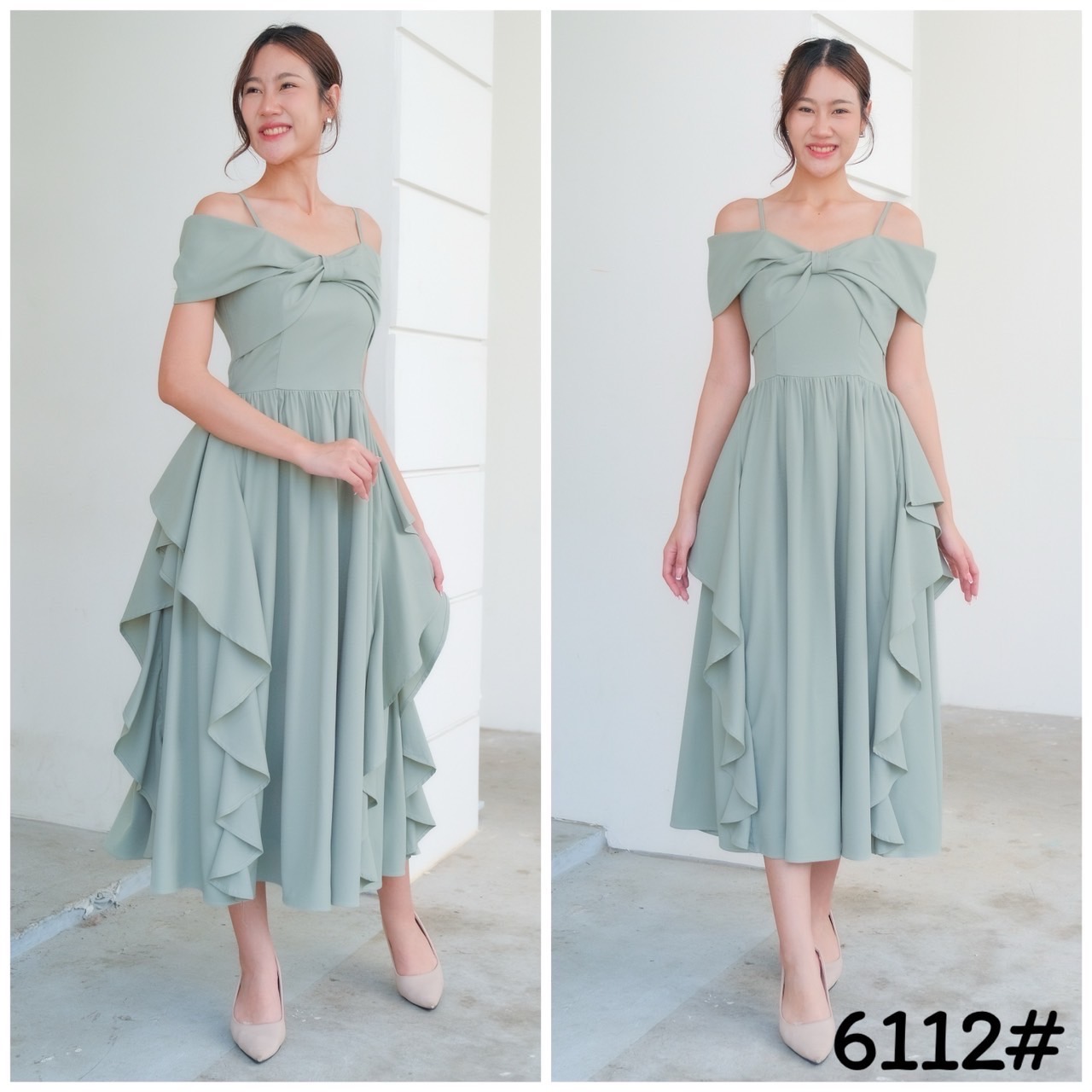 kudapy เดรสสั้น เดรสออกงานสุดพริ้ว เดรสเปิดบ่า ปิดแขน อกโบว์ กระโปรงบานพริ้ว แต่งริ้วด้านข้าง