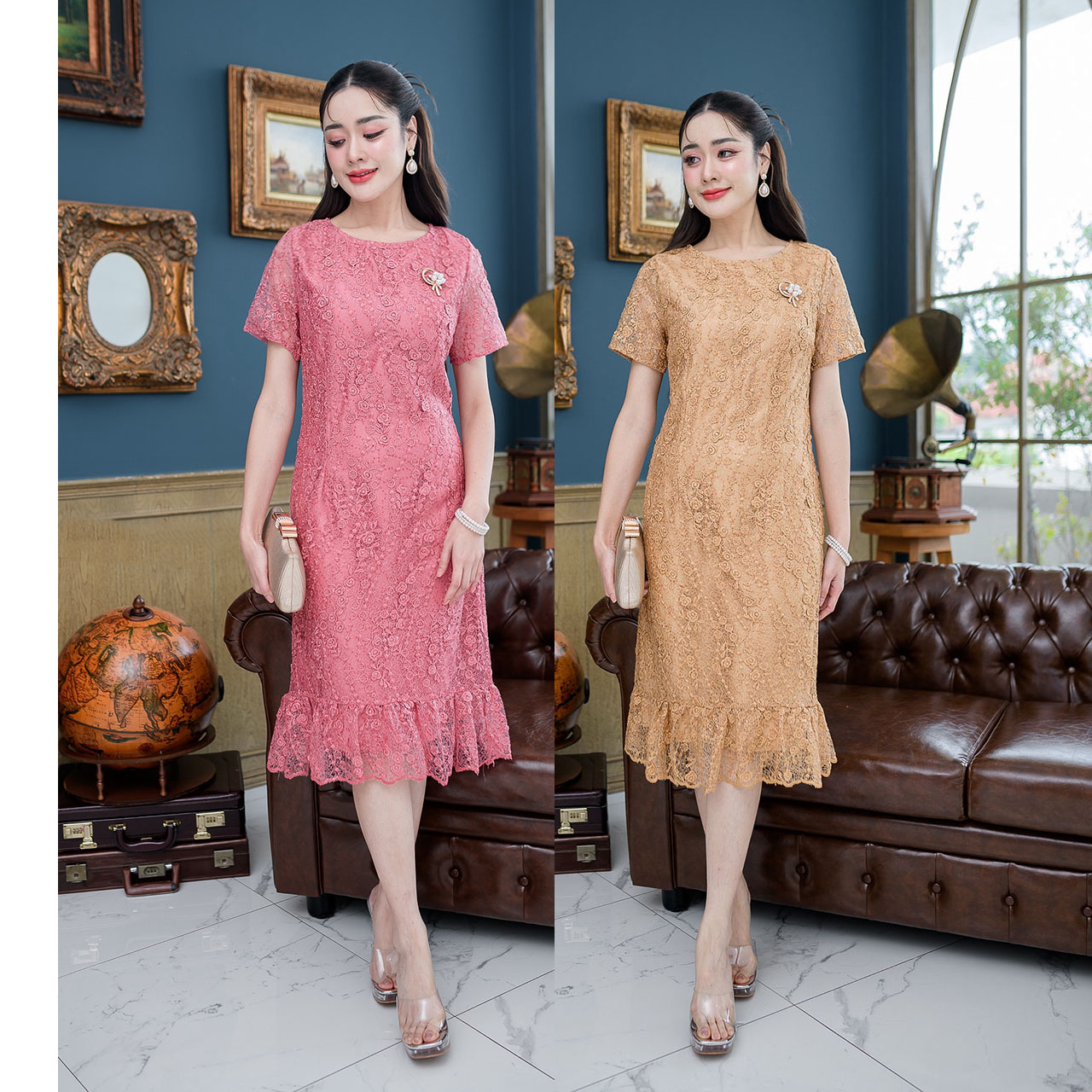 kudapy เดรสสั้นสีชมพู/สีเหลืองทอง ผ้าลูกไม้ทั้งชุด ผ้าสวยเกรดพรีเมี่ยม เป็นผ้าลูกไม้ลายกุหลาบแซมเลื่อมทั้งตัว