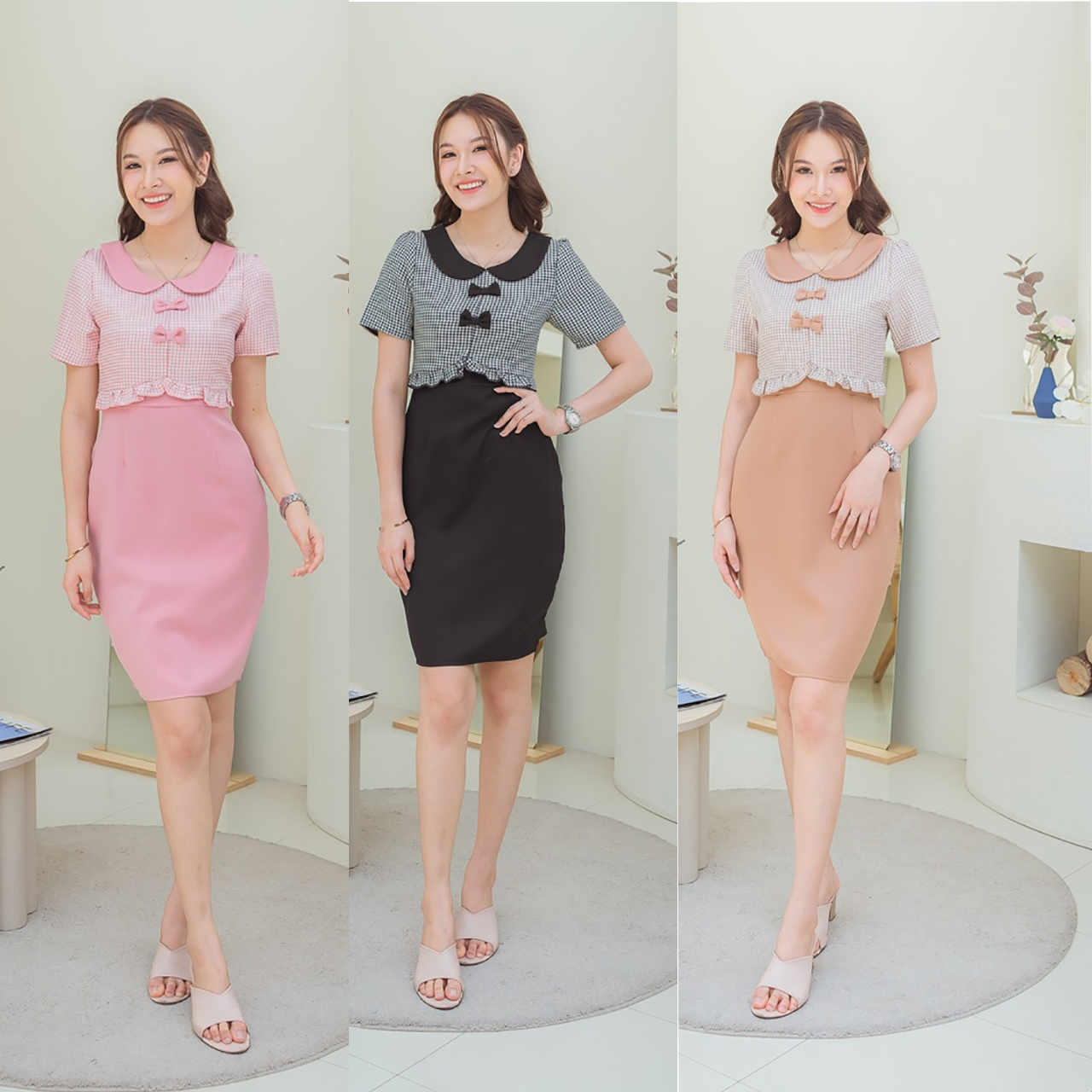 kudapy เดรสสั้นสีน้ำตาล/สีชมพู/สีดำ ลายสก๊อต กระโปรงผ้าเรียบ ทรงเข้ารูป ดีเทลติดโบว์ น่ารัก ปกคอบัวสุดคิวท์