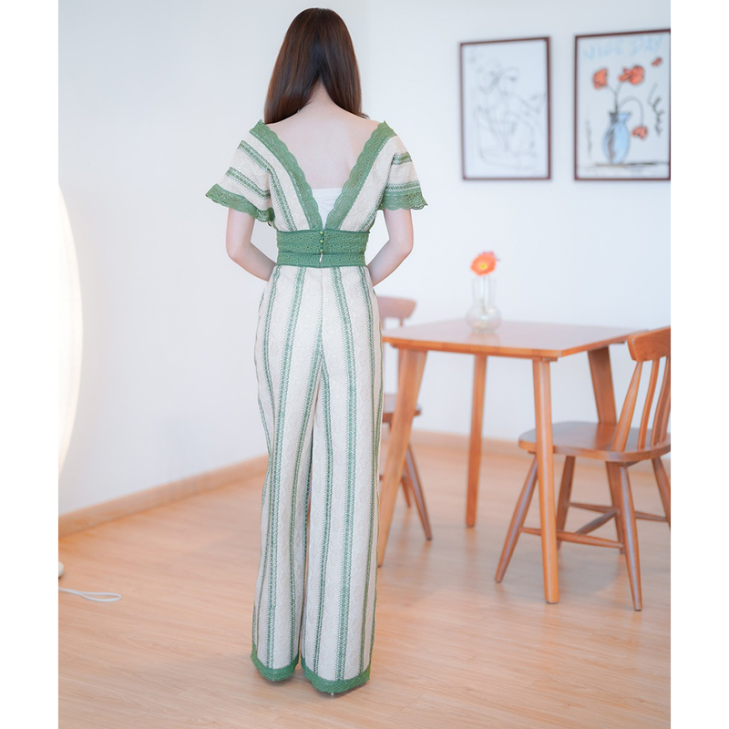 kudapy เซ็ต2 ชิ้น ขายาว ผ้าลูกไม้แขนกุด + กางเกงขายาว สีดำ/สีเขียว ใส่เที่ยว ใส่สบายสวยดูดี