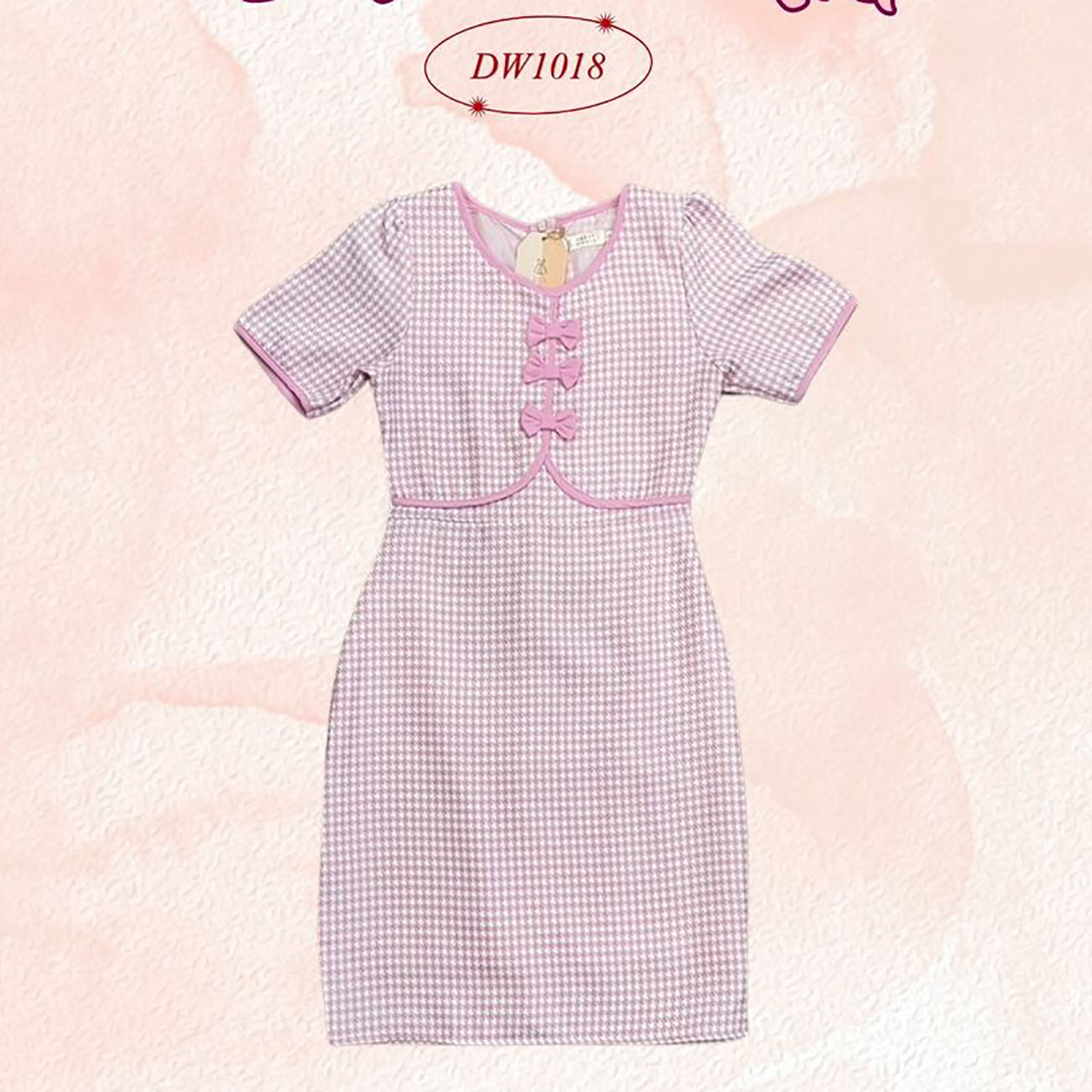 kudapy เดรสสั้นสีชมพู สีน้ำตาล สีฟ้า ลายสก๊อต ทรงเข้ารูป ดีเทลโบว์คอกลม งานซิปด้านหลัง