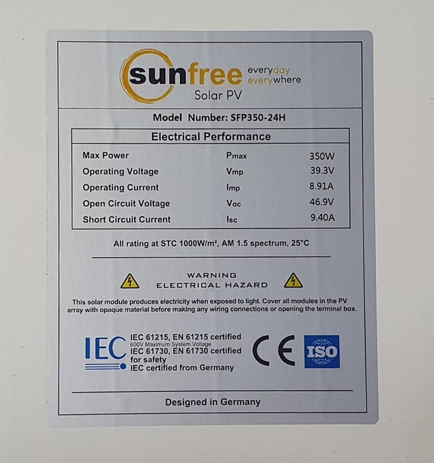 SUNFREE แผงโซล่าเซลล์โพลี 350วัตต์ POLYCRYSTALLINE MODULE 350W