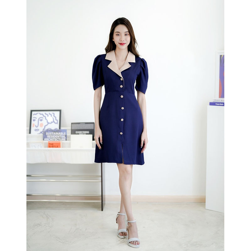 kudapy ดรสสั้นสีดำ/สีแดง/สีกรม ทรงสูทคอปกใส่สบายสวยดูดี